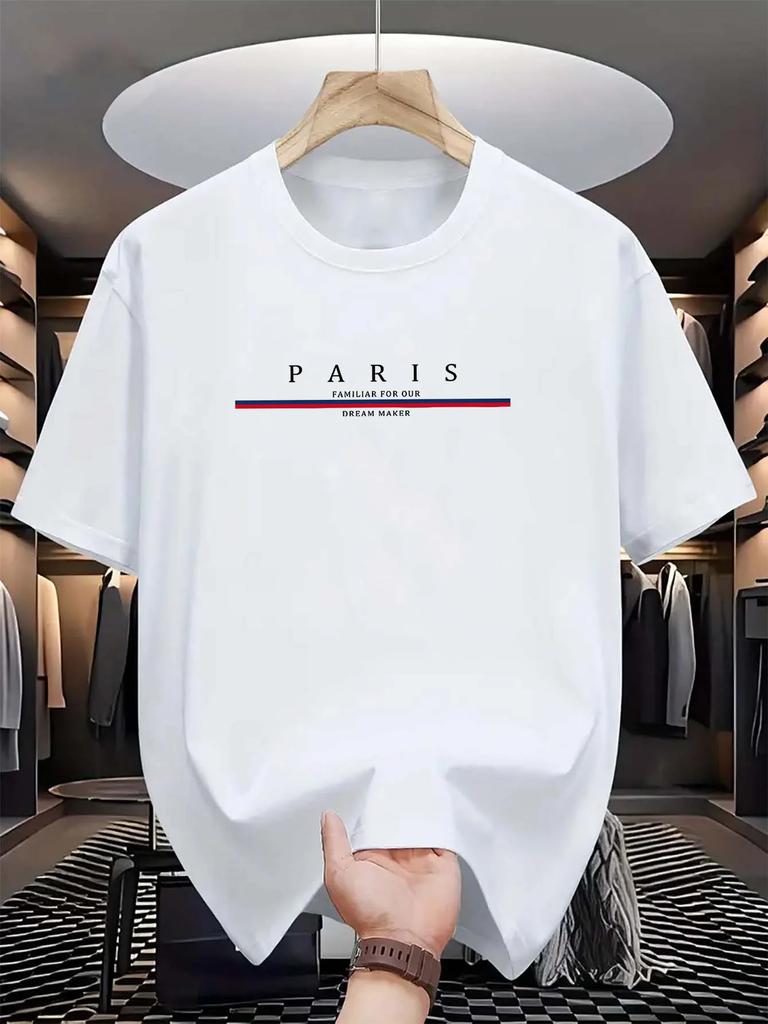 Summer casual men's 100% pure cotton Parisian letter print soft, fashionable and comfortable round-neck short-sleeved T-shirt me