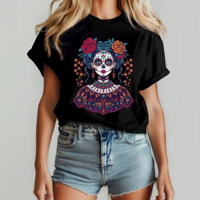 Catrina Floral TShirt Día De Los Muertos Sugar Skull Woman Tee Mexican Day of The Dead Calavera Shirt Unisex Festival Costumes