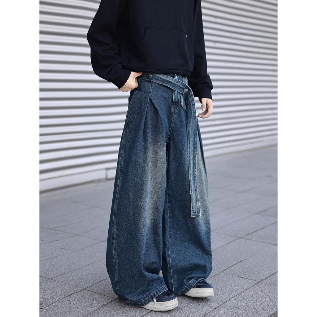Design Belt Jeans Men's Autumn and Winter Loose Straight Retro Blue Pants American High Street Wide-leg Pants Classic Men's Casual Jeans