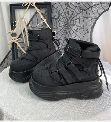 Goth Dark Punk Rock Muffin Dames Plateauschoenen Zwart Mat Enkel Klittenband Zijgesp Veterschoenen Korte Laarzen 7cm
