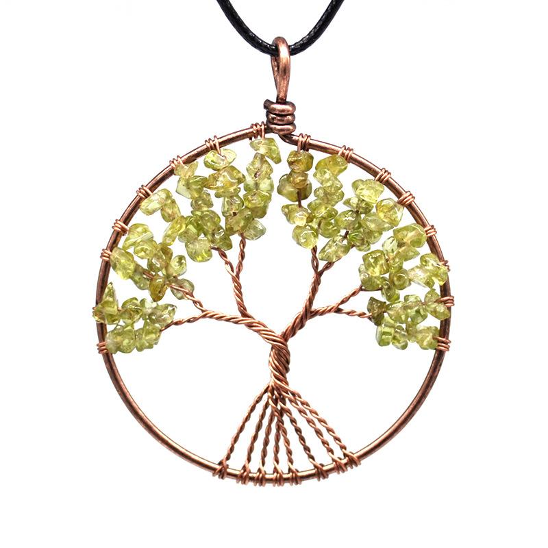 Natural Crystal Gravel Tree Of Life Necklace, Creative Ancient Copper Wire Pure Hand-Wound Necklace N137