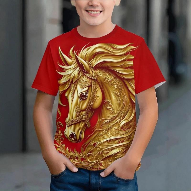Children's T-shirt 3d horse year printed round neck short sleeve upper