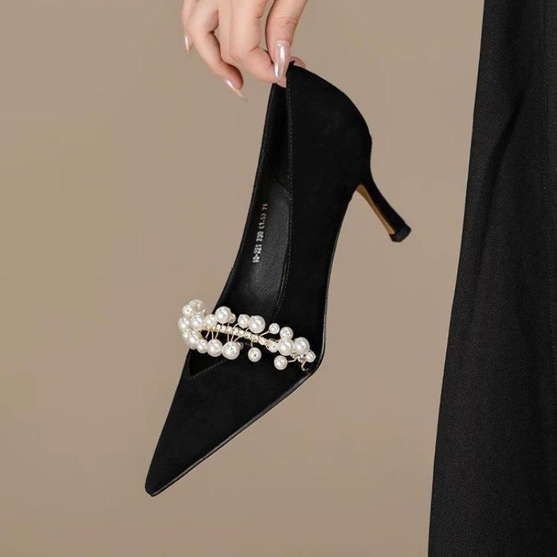 Fashion Spring New Thin Heel Single Shoes Women's Fashion Pointed Suede Beaded Anti-slip Wear-resistant High Heels