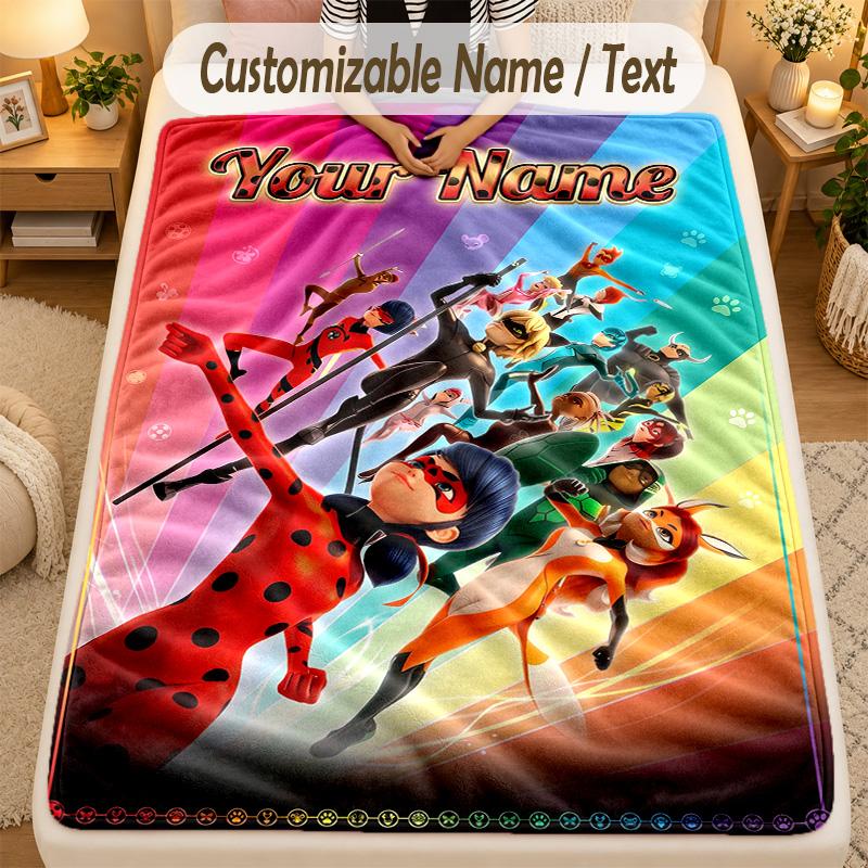 FlaneldeckeMiraculous Ladybug Benutzerdefinierter Name Text Personalisierte Weiche Warme Überwurfdecke Heimdekoration Geschenk