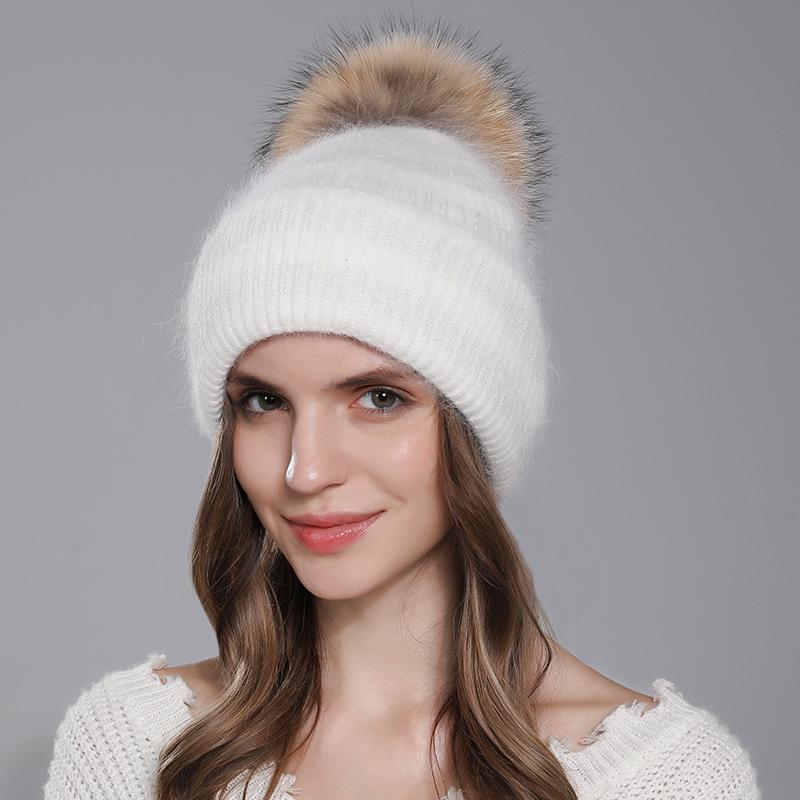 Hat For Women Angora Rabbit Fur Beanies With Natural Raccoon Fur Pompom Hats Winter Knitted Warm Silver Wire Female Cap
