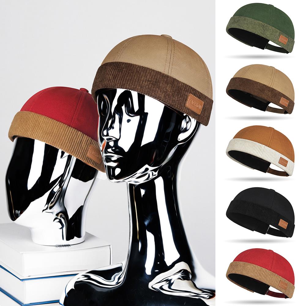 Unisex Beanies Without Visor Splicing Corduroy Docker Cap Landlord Hat Adjustable Brimless Hat Hip Hop Casual Dome Melon Cap
