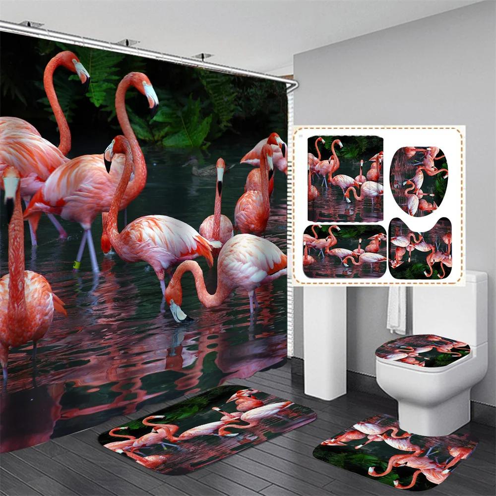 Pink Flamingo Tropical Leaves 3D Hd Shower Curtain Set Waterproof Polyester Bathroom Shower Curtain Set With Mat Non-Slip Rugs