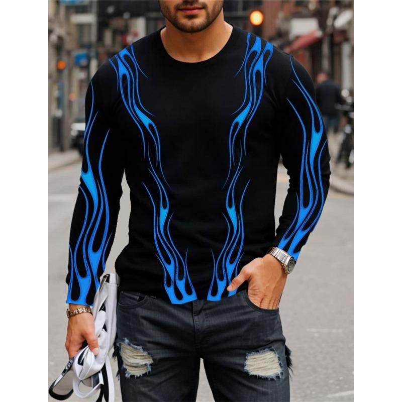 3D Printed Flame Scratch Pattern 3D Printed Autumn Men's Crew Neck T-Shirt Casual Long Sleeve Oversized Pullover Fashion Tops