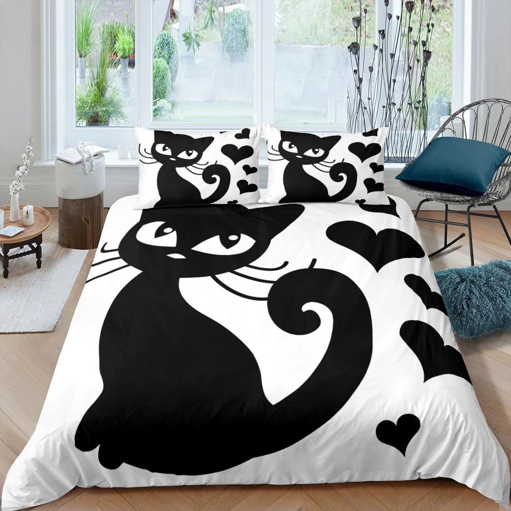 Kids Cat Duvet Cover Queen Size,Cartoon Kitten Sleeping on Crescent Moon Stars Night Dreams Polyester Comforter Cover for Kids
