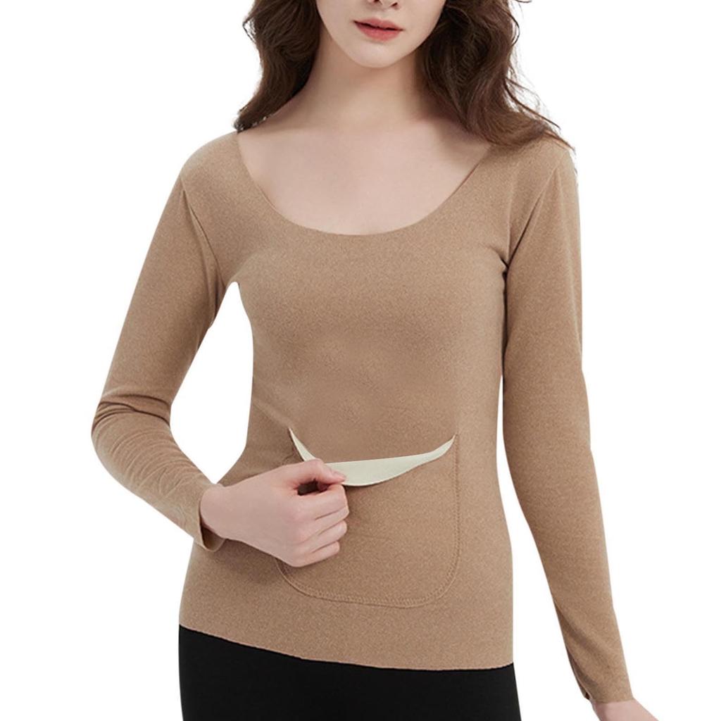 Women's Solid Color Front And Back Pockets Long Sleeved Seamless Waist Warm Top