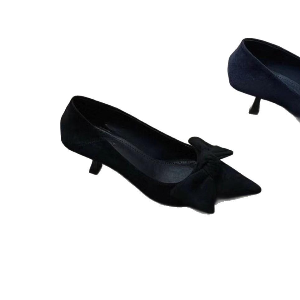 2025 autumn new pointed suede bow retro high heels women's fashion versatile stiletto commuter shoes