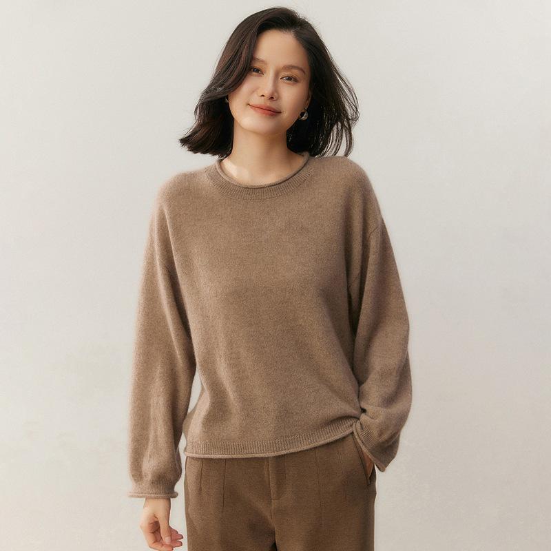 Women's Cashmere Rolled Hem Round Neck Sweater - 2025 Autumn/Winter Collection, Loose Fit and Slimming Pullover.