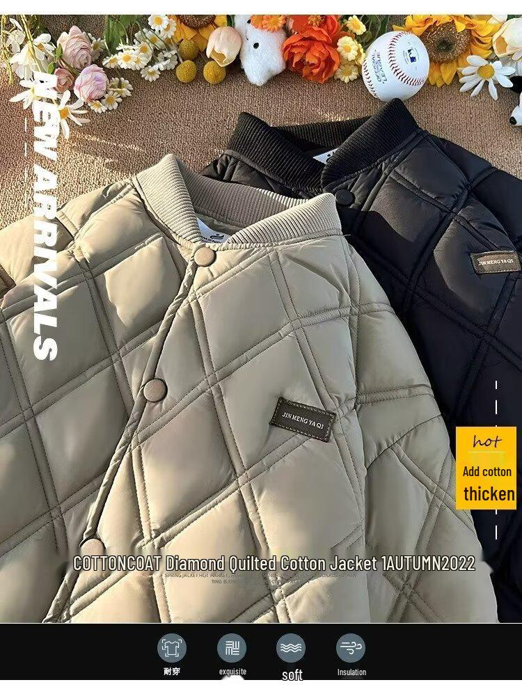 Men's Diamond Quilted Cotton Bomber Jacket - Versatile Hong Kong & College Style Winter Outerwear