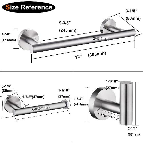 Nolimas 3-Pieces Set Brushed Nickel Bathroom Hardware SUS304 Stainless Steel Round Wall Mounted - Includes 12" Hand Towel Bar, Toilet Paper Holder,