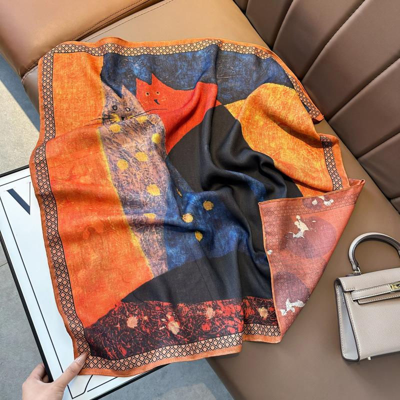 Spring clothing with silk scarves Double-sided herringbone velvet silk scarves Simple retro square scarves Travel sunscreen scarves