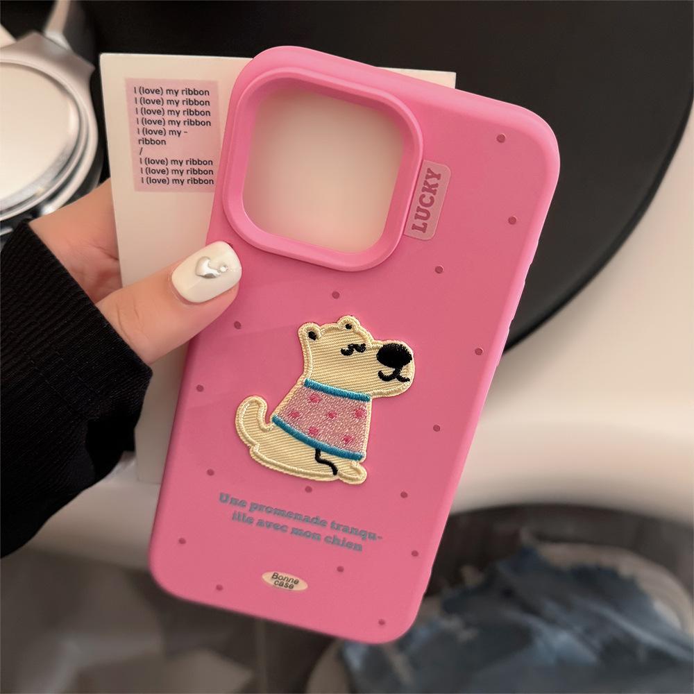 Cute Embroidered Puppy Phone Case for iPhone 15 iPhone 16 iPhone 16 Pro Max