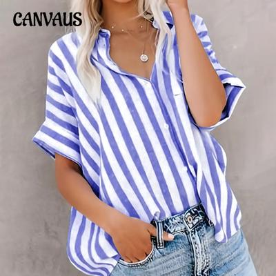 Damen Frühling und Sommer Tops Casual Loose Zweifarbig Gestreifte Strickjacke Kurzarmshirt