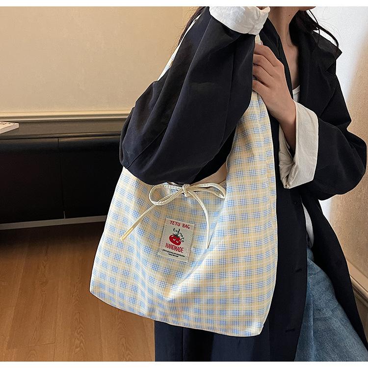 Japanese Style Chic Gingham Checkered Tote Bag Large Capacity Canvas Shoulder Bag for Women