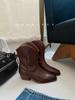 2025 new leather first layer cowhide retro western cowboy boots women's thick heel medium tube British Martin boots