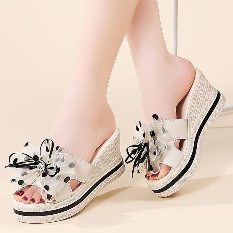 Flower cool slippers women's high heels slippers summer new casual versatile outer wear thick bottom wedge heel one-word drag