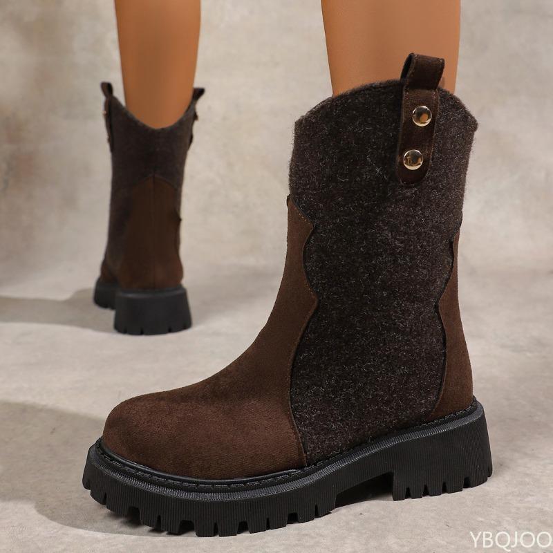 Retro Mid Length Boots for Women In Autumn New Oversized Round Toe Pleated Simple Comfortable Women's Boots