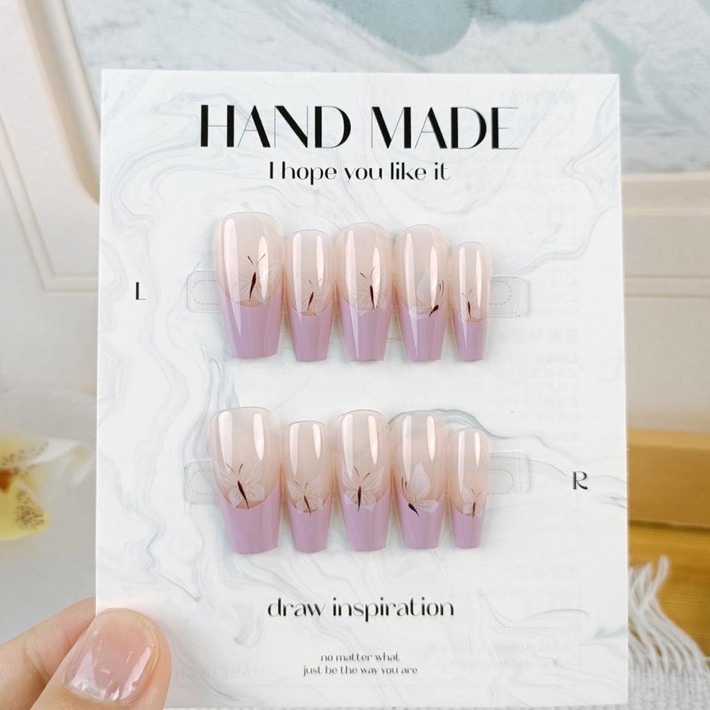 24 Pcs Long Ballerinas False Nail Butterfly Press on Nail Acrylic Nail French Tip Stick on Nail Manicures Supplies