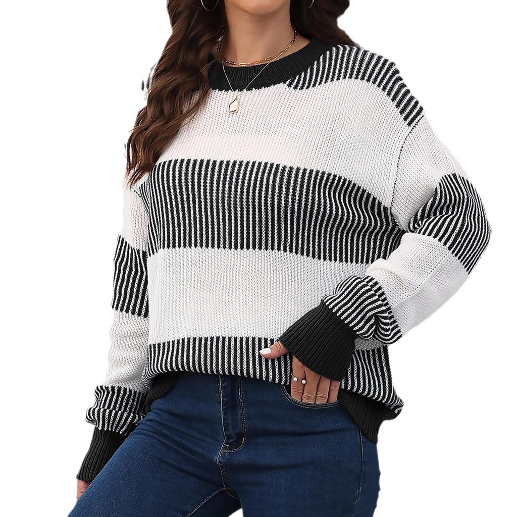 Women's Pullover Top Cross-border European and American Women's Clothing Autumn and Winter New Casual Loose Woven Sweater Contrasting Stripes Splicing