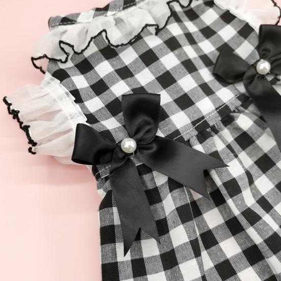 Yousheng Dog Dress Round Neck Lace Patchwork Fake Pearls Decor Plaid Print Pet Dog Cat Princess Dress Daily Wear