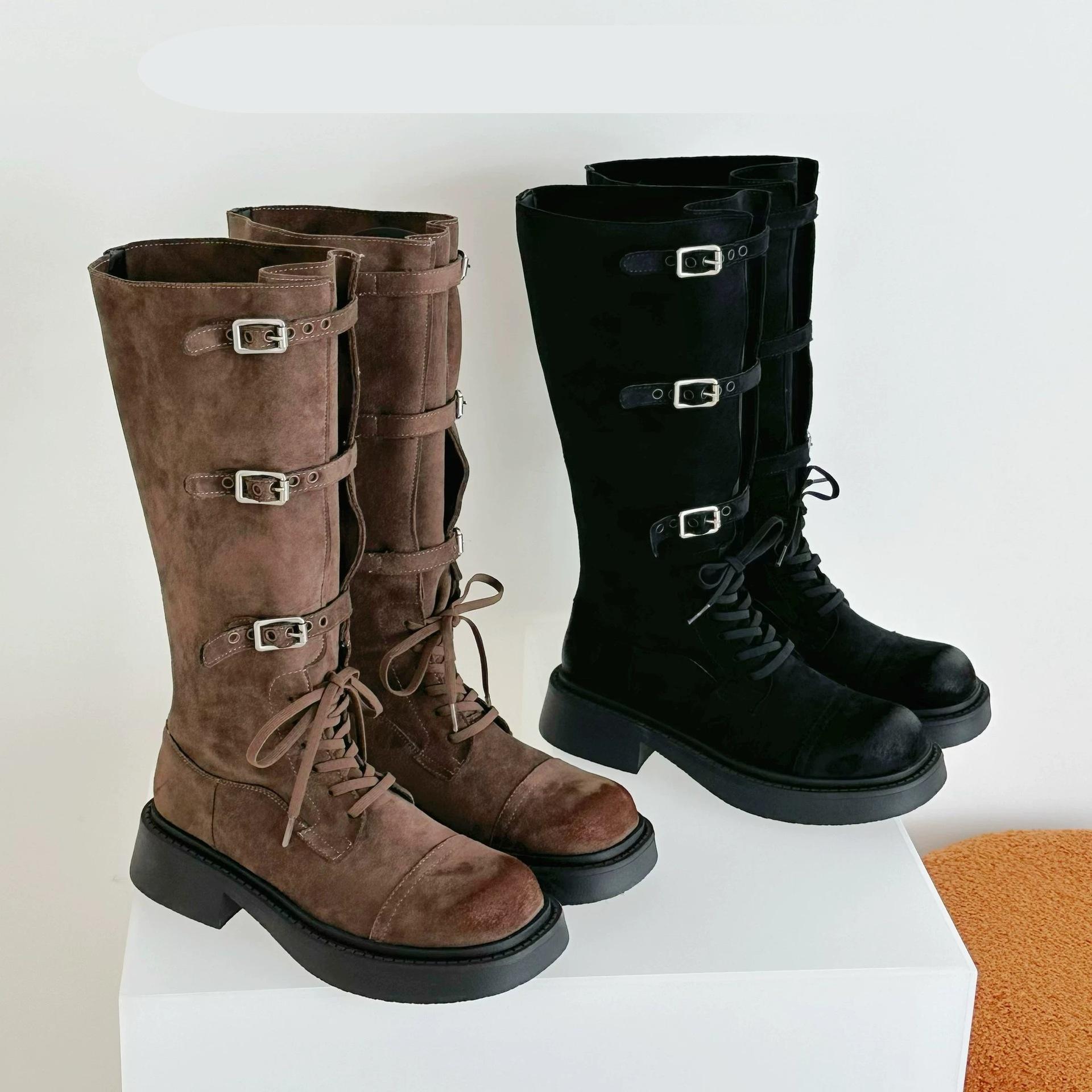

Shoelaces Coarse Heel Suede Boots Women s Shoes 2025 Autumn and Winter Khaki Belt Buckle Skinny Boots Knight Boots 40 темно-коричневого
