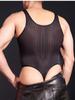 Men Stripe Bodysuit Tops Sexy Sheer Elastic Sleeveless Bulge U Pouch Sheath Tights See Through Shaper Wear One Piece Man Onesie