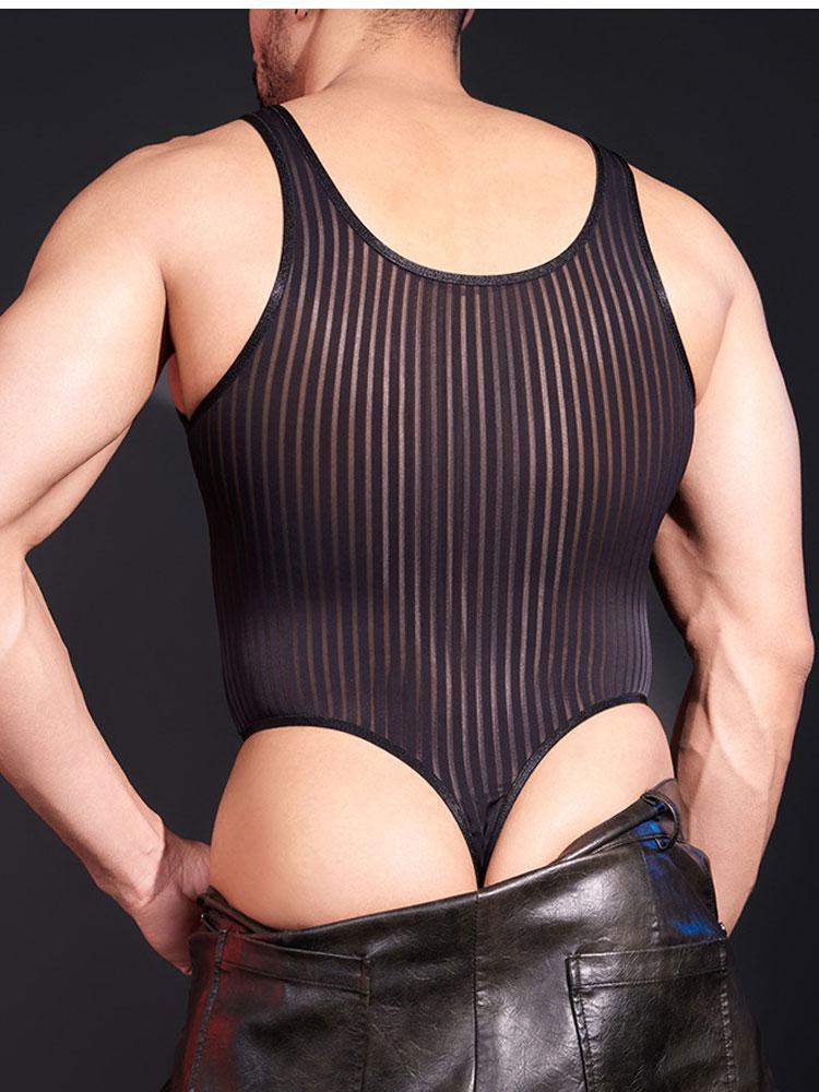 Men Stripe Bodysuit Tops Sexy Sheer Elastic Sleeveless Bulge U Pouch Sheath Tights See Through Shaper Wear One Piece Man Onesie