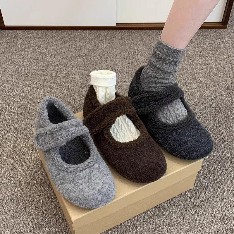 inner height increase thick sole women's velvet gray Mary Jane fluffy shoes women wear woolen cotton shoes in winter
