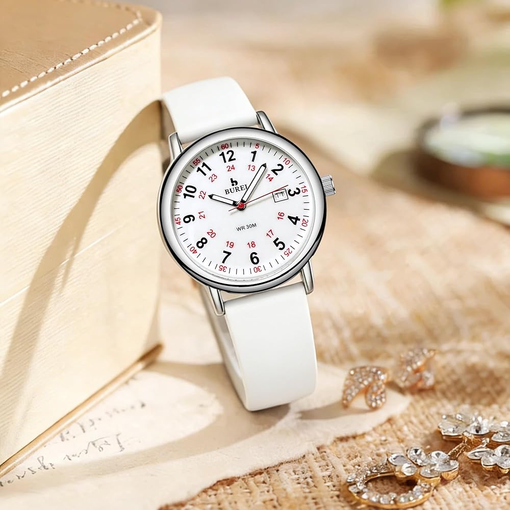 BUREI Women's Analog Quartz Watch White Waterproof Date Slim Lightweight Silicone Band Casual Business