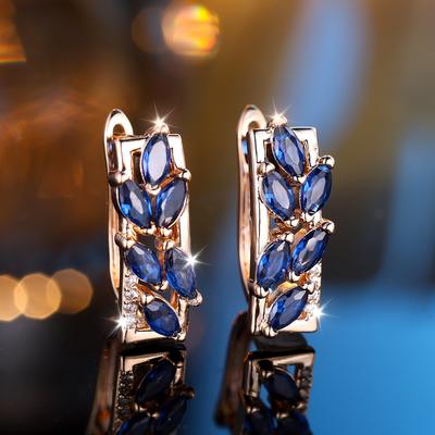 Pendientes de aro de hoja de circón azul real con corte marquesa Vintage para mujer, regalo de joyería de Color dorado