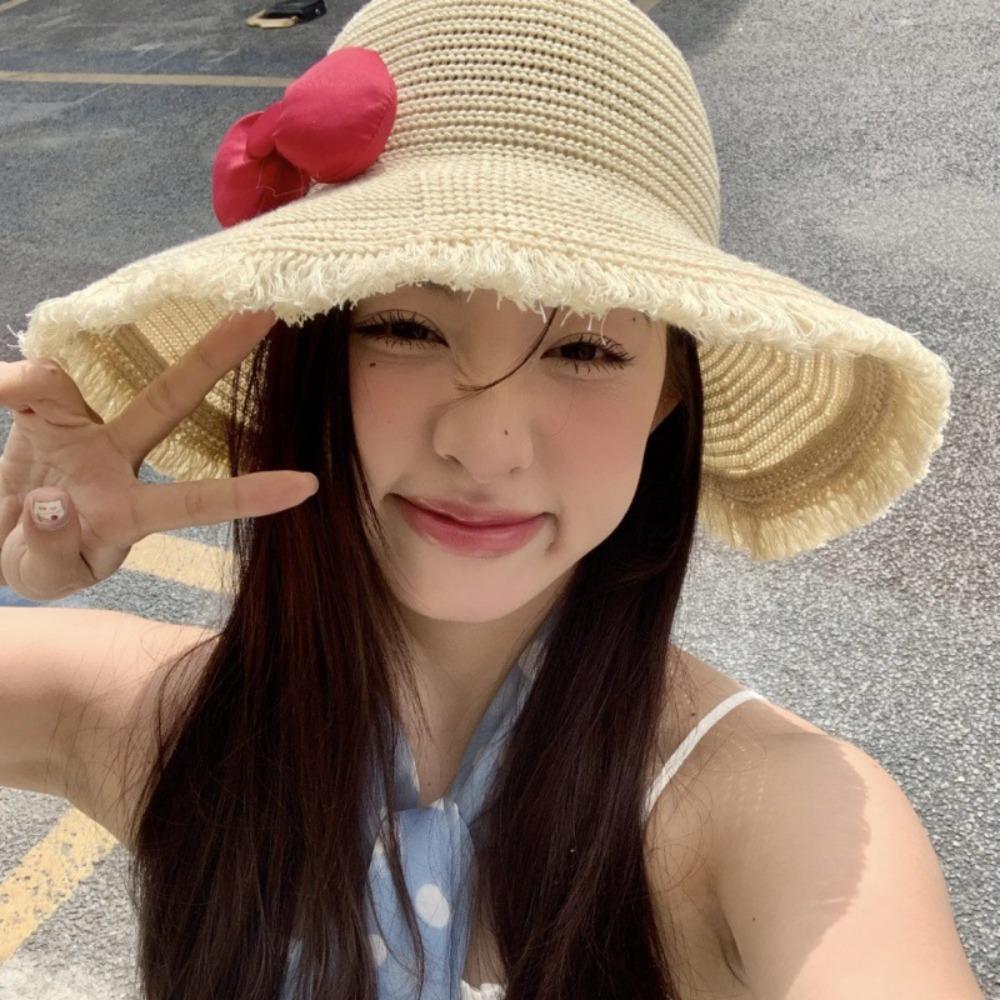 Sweet Woman's Straw Hat Elegant Lace Brim Sunshade Cap Handmade Big Bowknot Sun Hat  Travel