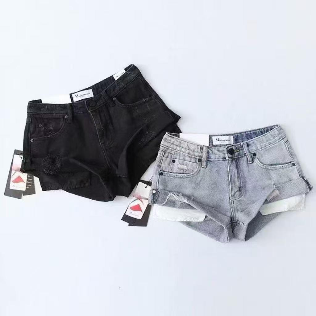 Summer Women s Retro Distressed Rolled Hem Mid-High Waist Denim Shorts S