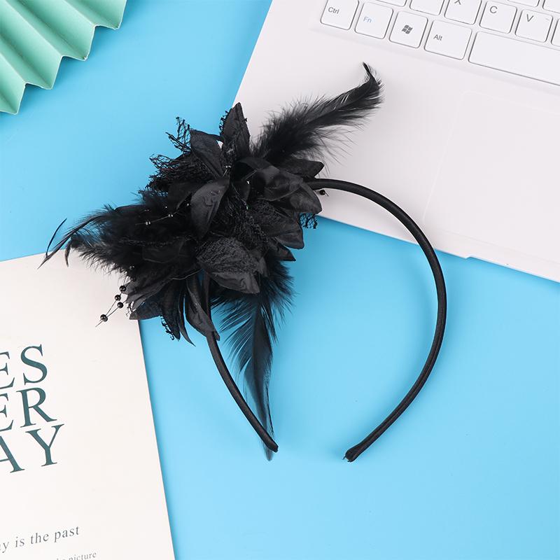 

1 шт. Женская шапка-вуалетка, повязка на голову с цветком и перьями, сетка, пряжа, коктейльная вечеринка, свадебные аксессуары для волос, украшение на голову чёрный