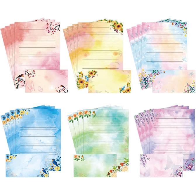 Lined Stationary Paper and Envelopes Set Floral Bird Watercolor Stationary Set with Lined Letter Writing Paper - 48 Sheets + 24 Envelopes, 8 X 11