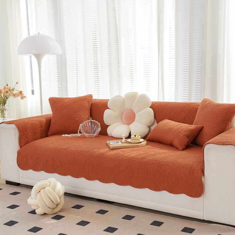 French Retro Embroidered Pure Cotton Sofa Cushion for All Seasons, Light Luxury Fabric Sofa Cover, Non-slip Leather Seat Cushion