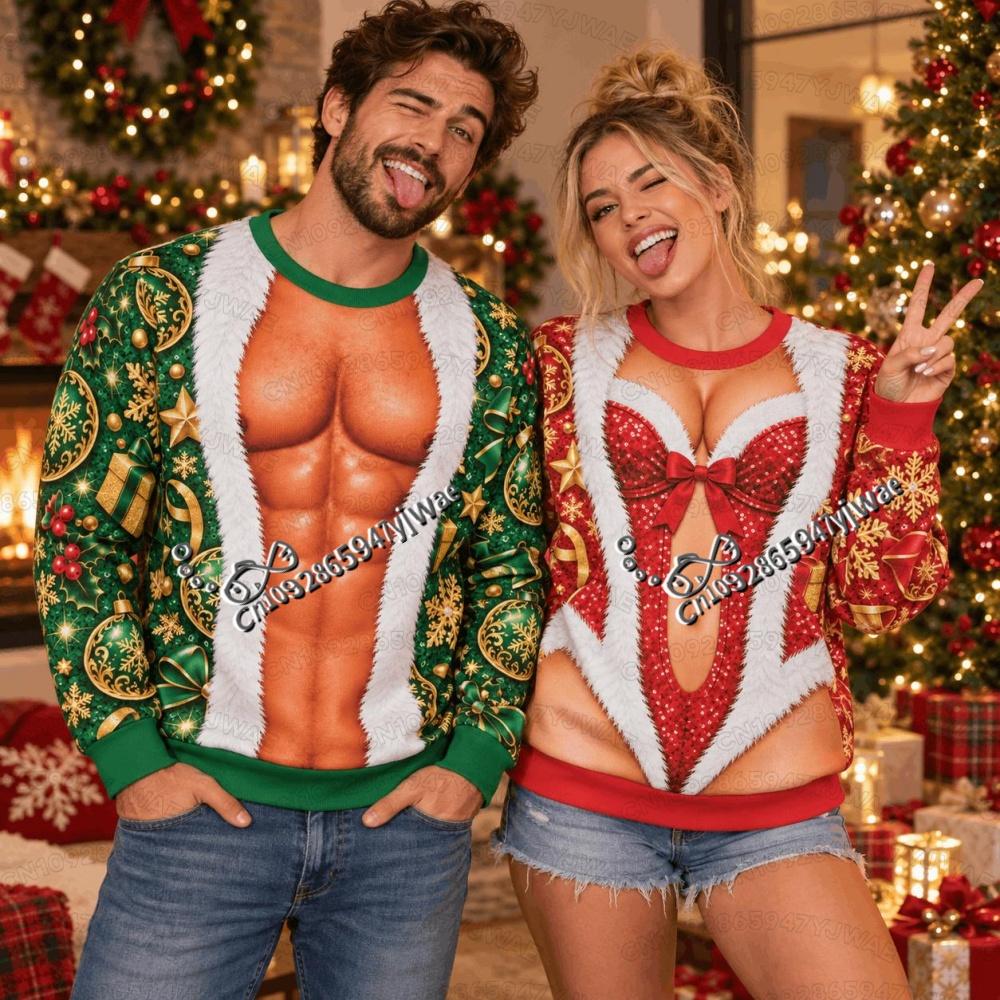 2026 Winter Men and Women's Funny Christmas Ugly Couples Party Santa Body Adult Round Neck Hoodie Men Women Cosplay Sweatshirt