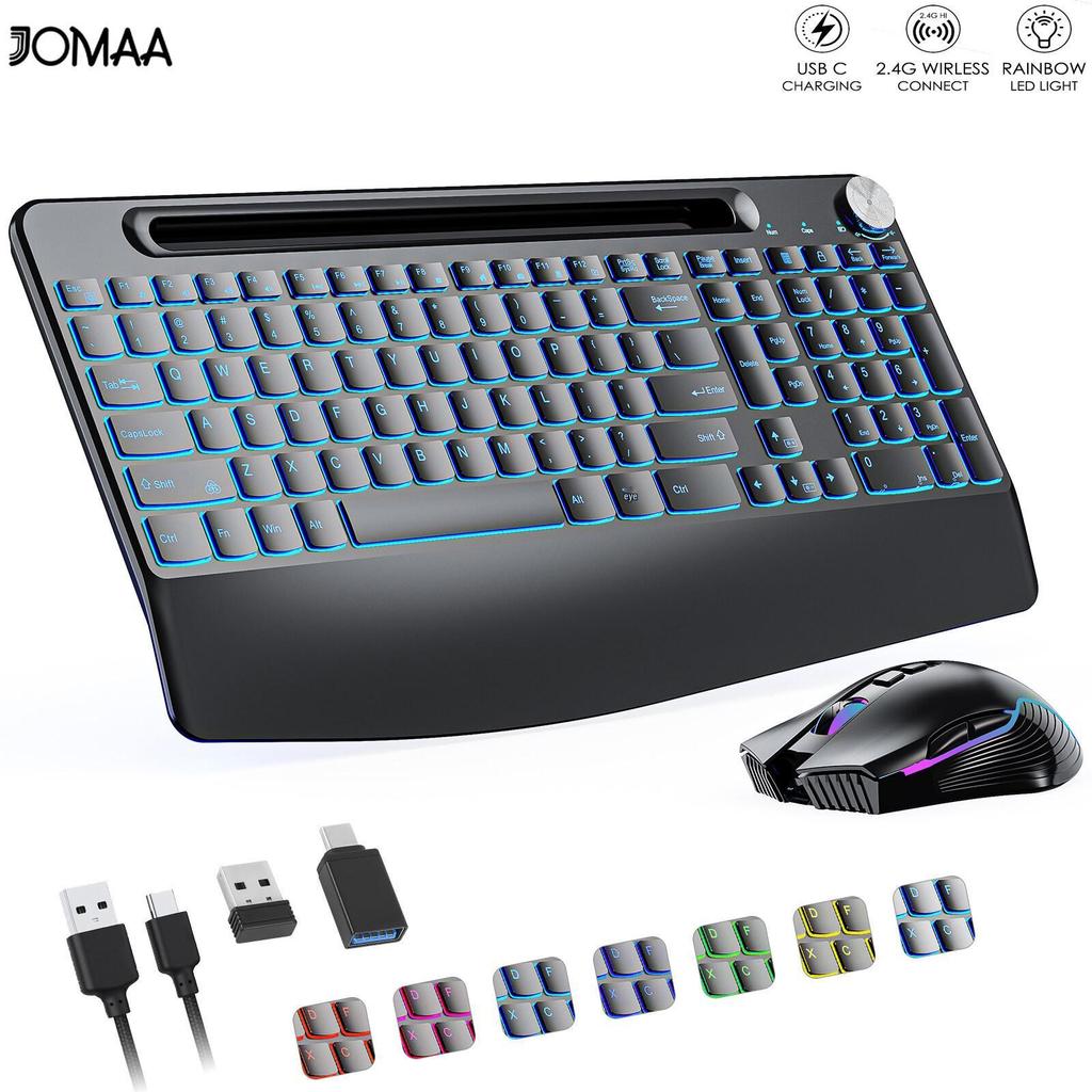 2.4G Wireless RGB Backlit Keyboard & Silent Mouse Combo with Adjustable Lighting & Anti-Screen-Off.
