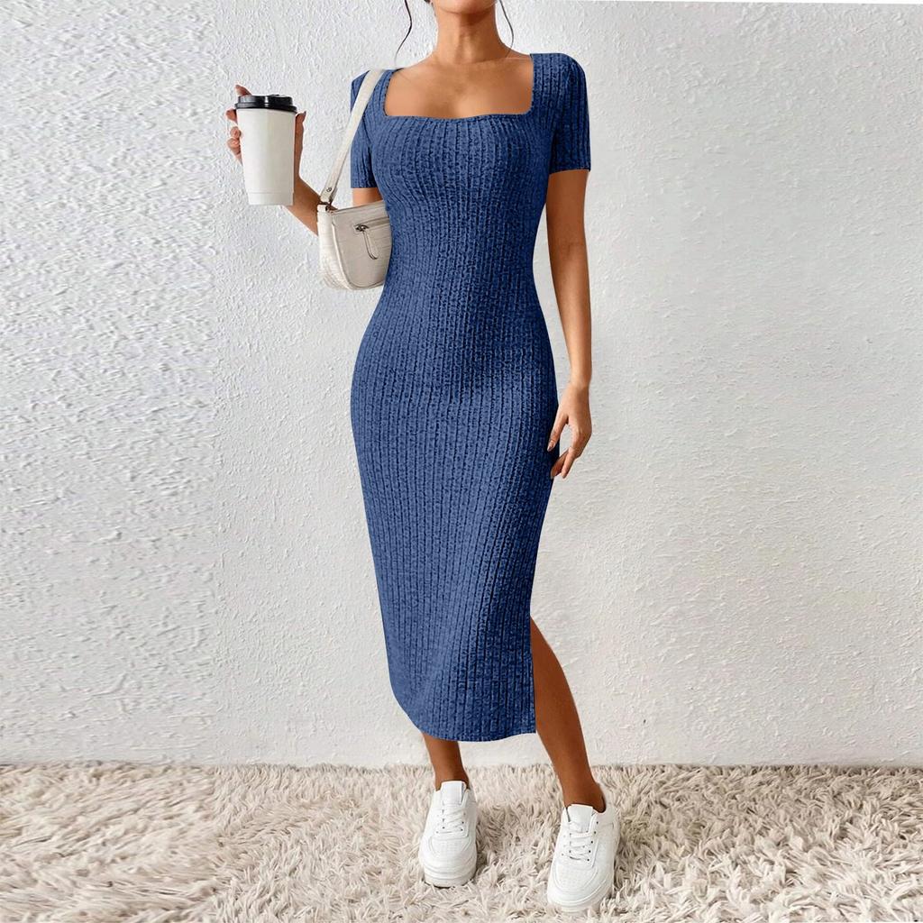 Women's New French Stand Alone Square Neck Short Sleeve Side Slit Dress