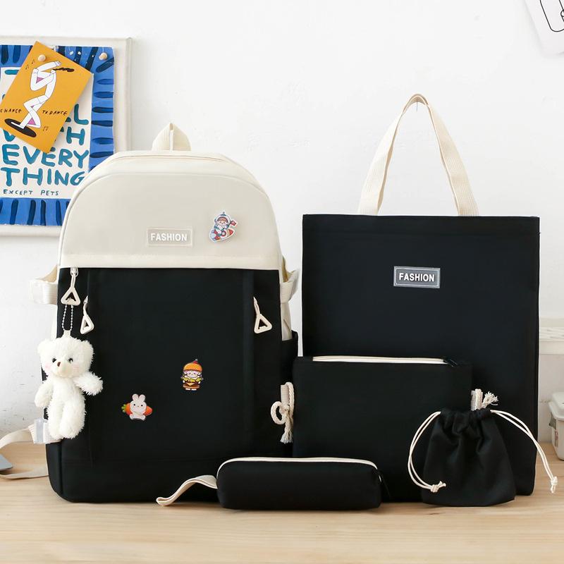 School Bag New Canvas Campus Backpack Five-piece Set Simple and Versatile Junior High School School Bag Multi-functional Casual Girls Backpack