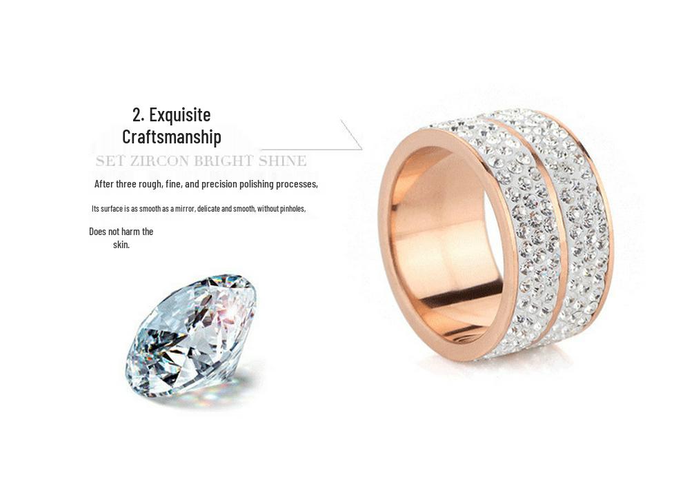 Stylish 12MM Stainless Steel Double Row Rhinestone Ring