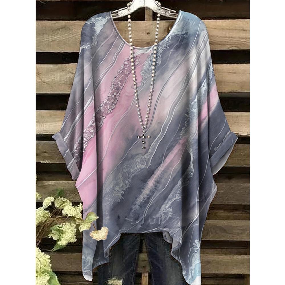 Women's Stripe 3D Print Gradient T-Shirt Casual Fashion Vacation Tops Female Irregular Hem O-Neck Short Sleeve Women's Clothes