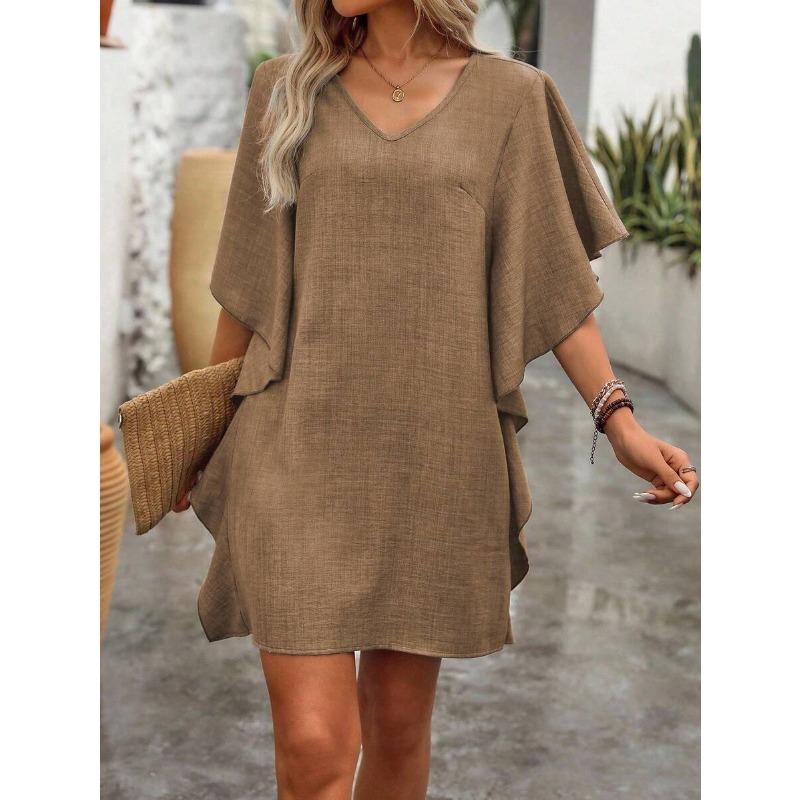 suer women s clothing, solid color loose ruffle edge fashion V-neck dress S хаки