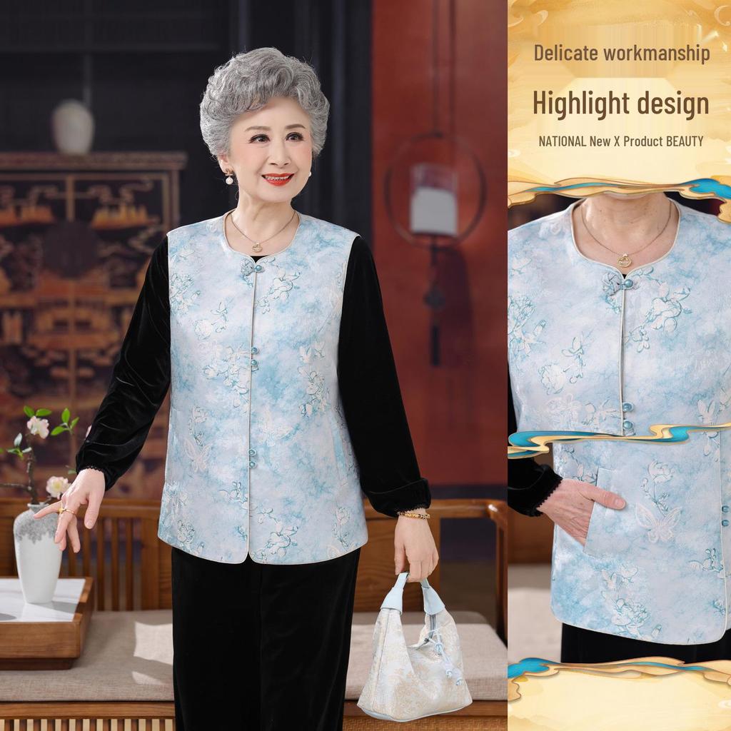 Grandma's Spring-Autumn Frog Button Vest - Chinese Style for Middle-aged & Elderly Women