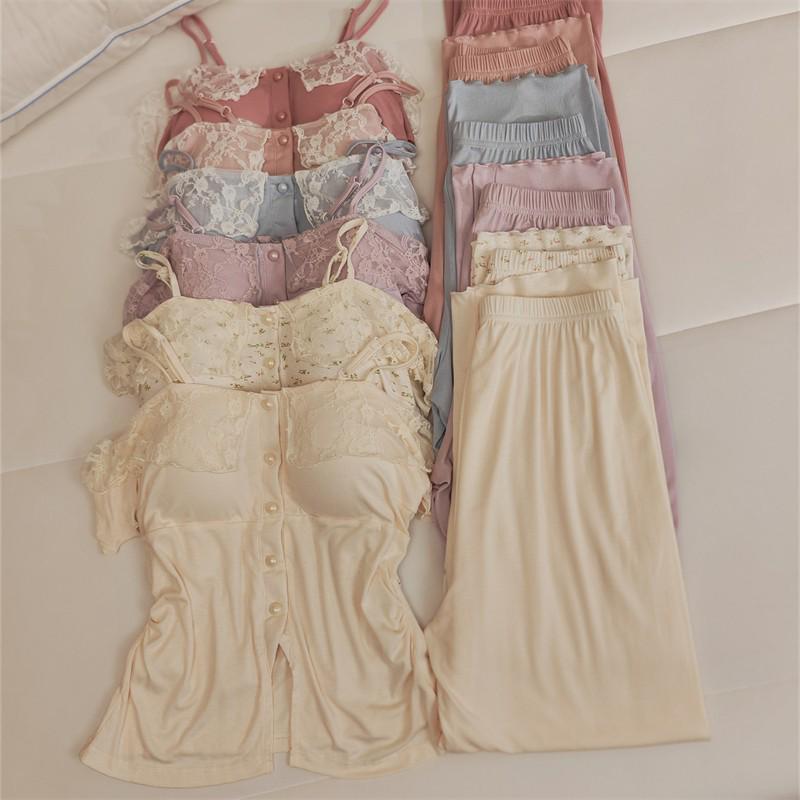 Women's Lace Camisole Sleepwear Set with Chest Pads - Sweet & Sexy Spring/Summer Homewear.