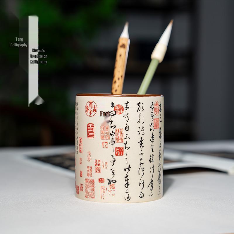 

On Calligraphy Chinese Style Ceramic Brush Holder: Calligraphy, Drunken Pavilion, Ink Painting Pen Organizer