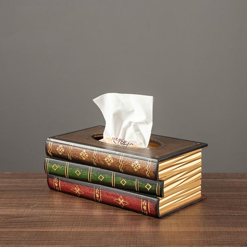 Wooden Antique Book Shaped Napkin Box Tissue Holder Wipes Storage Case Paper Towel Dispenser